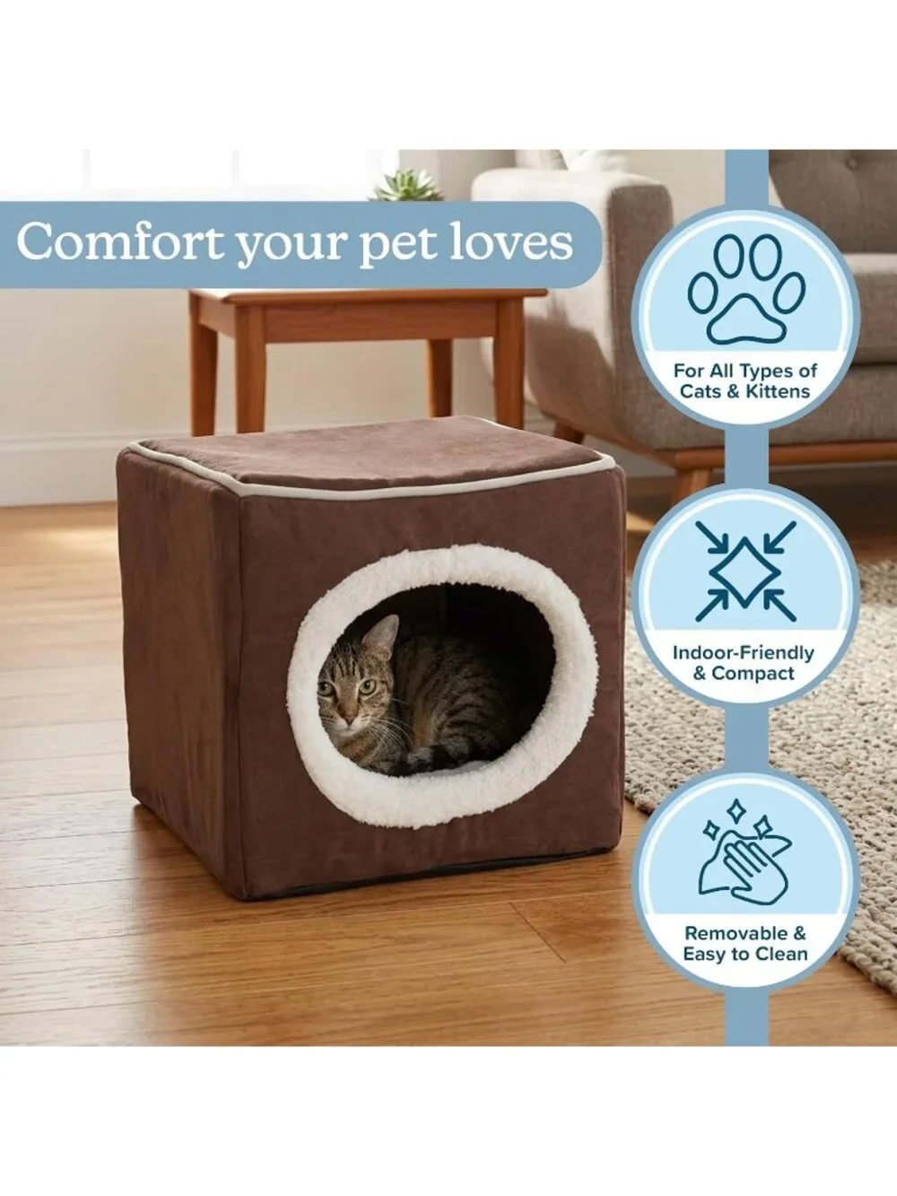 New Cat House Indoor Bed with Removable Foam Cushion, Cat Cave for Small Pets